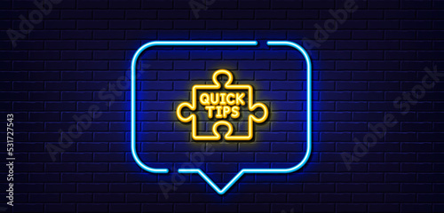 Neon light speech bubble. Quick tips puzzle line icon. Helpful tricks sign. Neon light background. Quick tips glow line. Brick wall banner. Vector