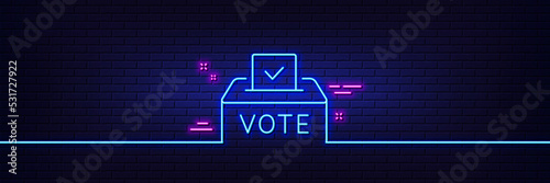 Neon light glow effect. Vote box line icon. Voting ballot sign. Public election symbol. 3d line neon glow icon. Brick wall banner. Vote box outline. Vector