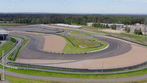 Aerial view race on moto track, aerial view photo