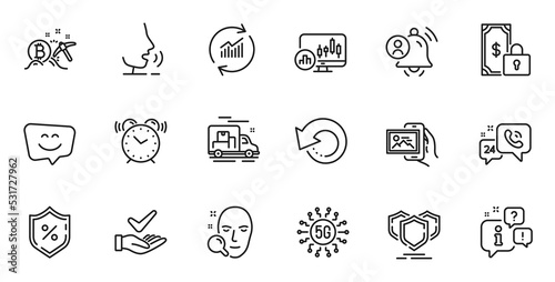 Outline set of Recovery data, Loan percent and Dermatologically tested line icons for web application. Talk, information, delivery truck outline icon. Vector
