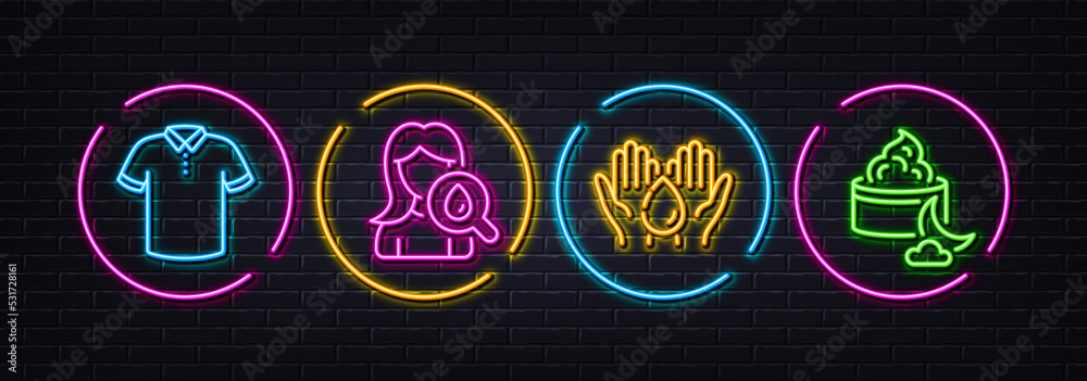 T-shirt, Moisturizing cream and Wash hands minimal line icons. Neon laser 3d lights. Night cream icons. For web, application, printing. Short sleeves shirt, Face lotion, Skin care. Vector