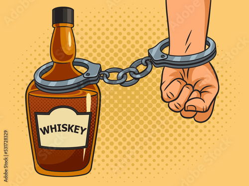 Hand cuffed to alcohol bottle alcoholism metaphor hostage whiskey pinup pop art retro vector illustration. Comic book style imitation.