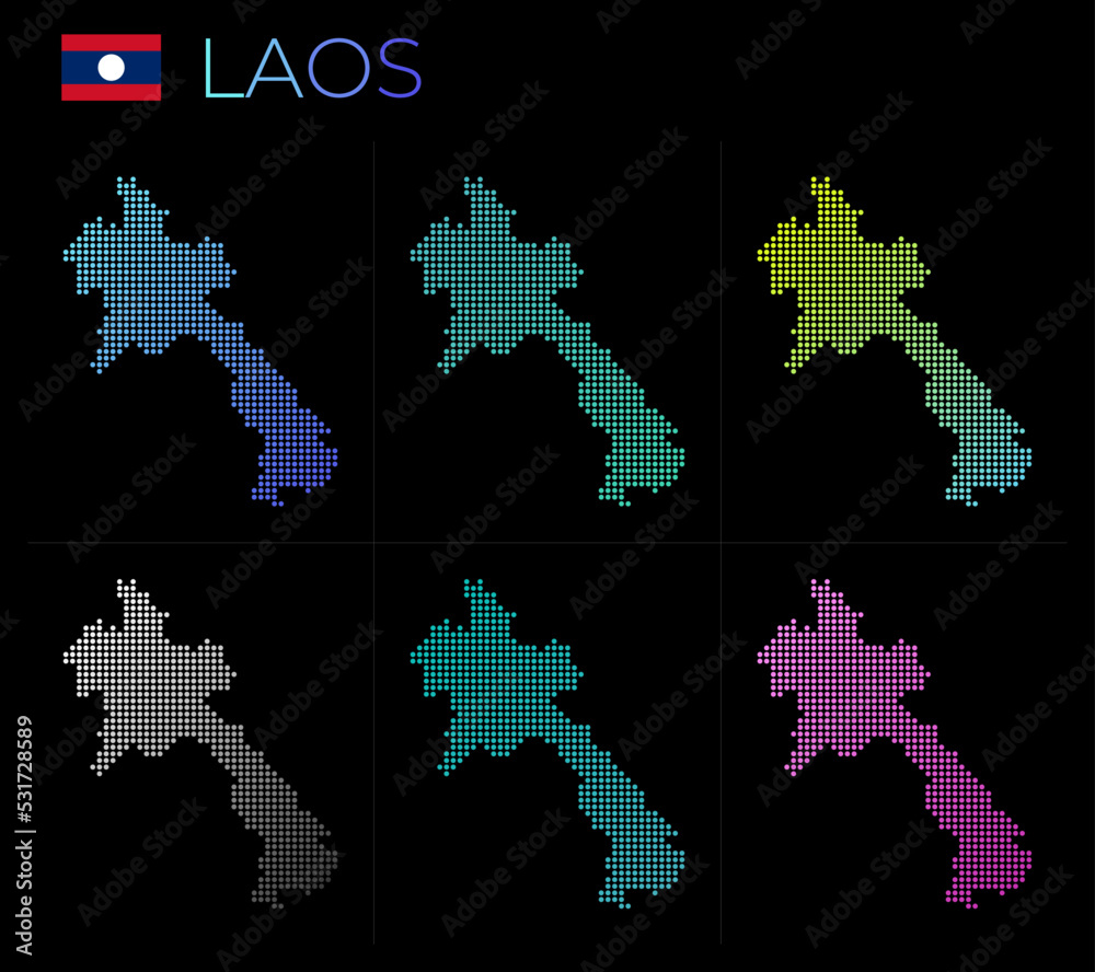 Laos dotted map set. Map of Laos in dotted style. Borders of the country filled with beautiful smooth gradient circles. Appealing vector illustration. Laos dotted map set. Map of Laos in dotted style. Borders of the country filled with beautiful smooth gradient circles. Appealing vector illustration.