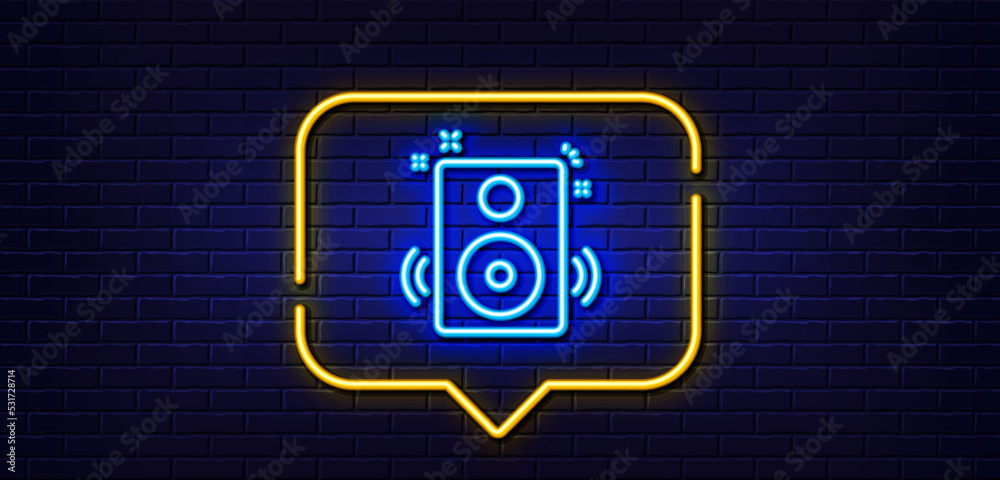 Neon light speech bubble. Speakers line icon. Music sound sign. Musical device symbol. Neon light background. Speakers glow line. Brick wall banner. Vector Neon light speech bubble. Speakers line icon. Music sound sign. Musical device symbol. Neon light background. Speakers glow line. Brick wall banner. Vector