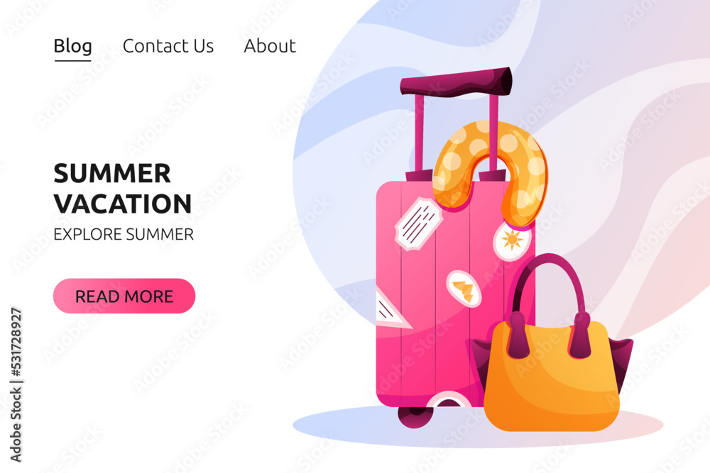 Summer vacation banner design. Travel suitcase, travel pillow and handbag vector cartoon illustration. Summer vacation banner design. Travel suitcase, travel pillow and handbag vector cartoon illustration.