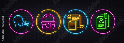Documents, Ice cream and Breathing exercise minimal line icons. Neon laser 3d lights. Interview documents icons. For web, application, printing. Office file, Sundae cup, Breath. Cv attachment. Vector