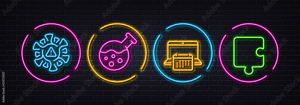 Coronavirus, Chemistry lab and Calendar minimal line icons. Neon laser 3d lights. Puzzle icons. For web, application, printing. Covid warn, Laboratory, Computer schedule. Puzzle piece. Vector