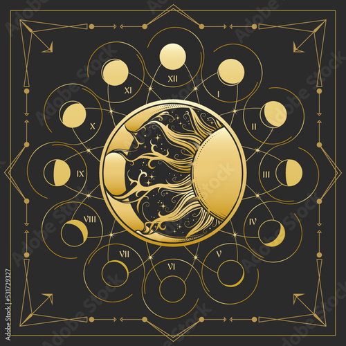 Sun and Crescend Moon with Phases Medieval Astrological Emblem