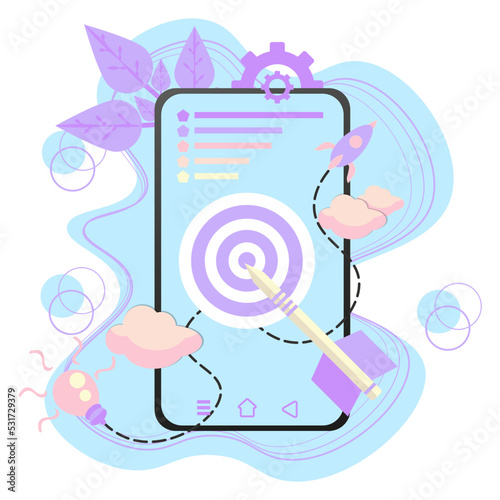 Business target illustration with pastel light blue and purple color,arrow,break limit theme,cloud,phone,target,and business icon.