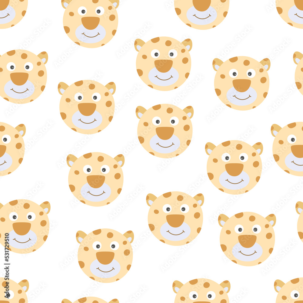 Vector seamless pattern of flat cartoon doodle leopard face head isolated on white background Vector seamless pattern of flat cartoon doodle leopard face head isolated on white background