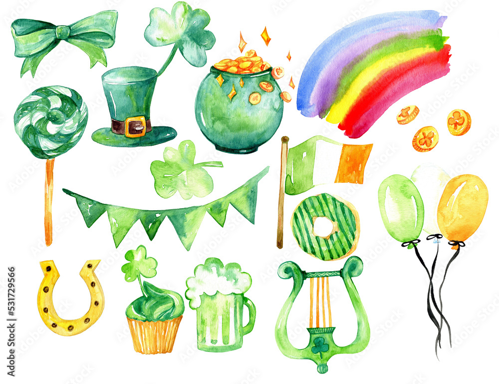 St. Patrick's Day watercolor clipart, rainbow, green cloves, gold coins, cupcake, Irish flag, horse shoe, doughnut, green beer, balloons, bunting, green bow, top hat, holiday, celebration, 400 dpi png