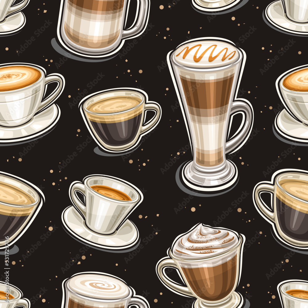 Vector Coffee seamless pattern, square repeating background with set of cut out illustrations of different coffee drink in clear and porcelain cups on black background, wrapping paper for coffee shop