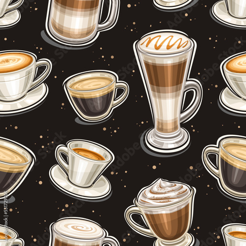 Vector Coffee seamless pattern, square repeating background with set of cut out illustrations of different coffee drink in clear and porcelain cups on black background, wrapping paper for coffee shop photo