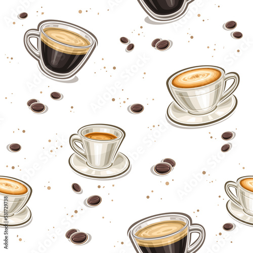 Vector Coffee seamless pattern, square repeating background with set of cut out illustrations of variety coffee drink in clear and porcelain cups on white background, wrapping paper for coffee shop