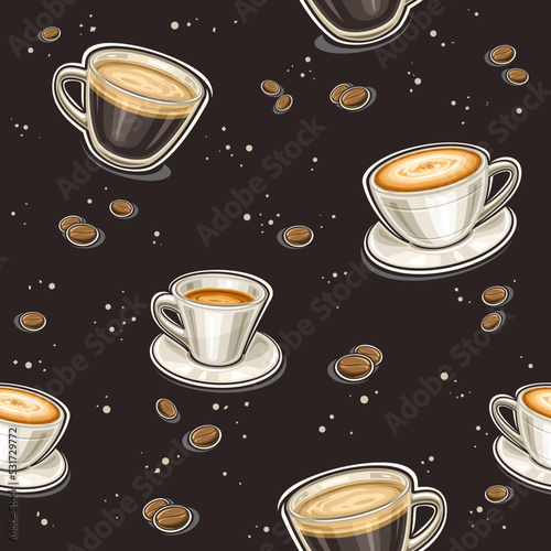 Vector Coffee seamless pattern, square repeating background with cut out illustrations of various coffee drinks in transparent and porcelain cups on black background, wrapping paper for coffee shop