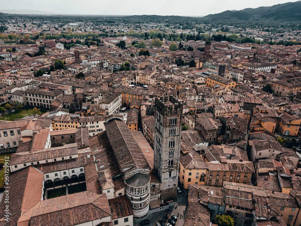 Landmarks of Tuscany, Italy - The Famous Old Medievel Renaissance Town of Lucca. Aerial view landscape. Tuscany. Italy. View from above. Drone Image