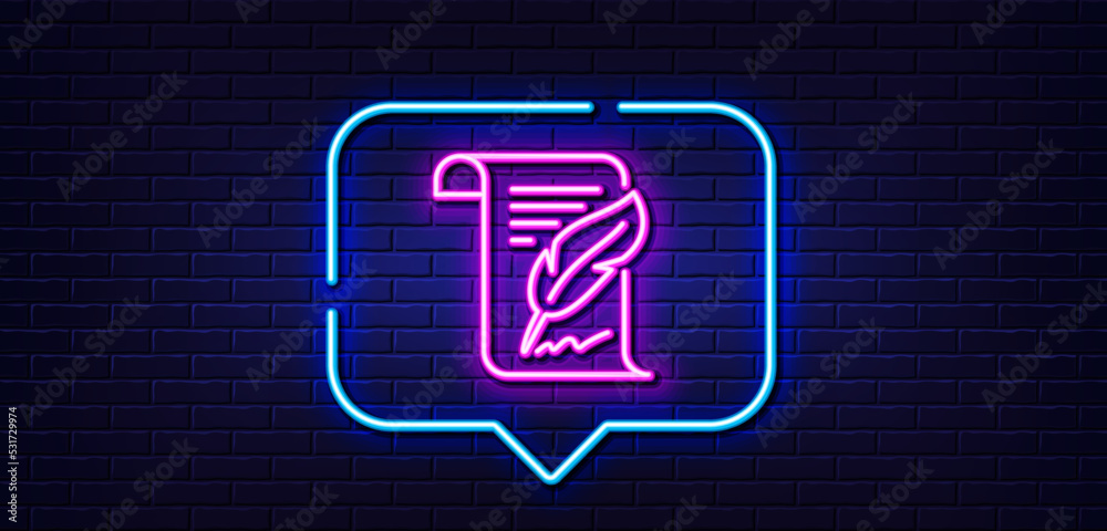 Neon light speech bubble. Feather signature line icon. Copywriting sign. Feedback symbol. Neon light background. Feather glow line. Brick wall banner. Vector Neon light speech bubble. Feather signature line icon. Copywriting sign. Feedback symbol. Neon light background. Feather glow line. Brick wall banner. Vector
