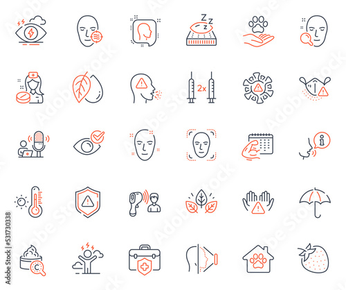 Healthcare icons set. Included icon as Shield, Pets care and Medical insurance web elements. Clean hands, Weather thermometer, Fitness calendar icons. Face detection, Coronavirus vaccine. Vector