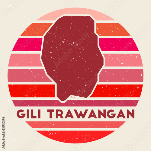 Gili Trawangan logo. Sign with the map of the island and colored stripes, vector illustration. Can be used as insignia, logotype, label, sticker, or badge of Gili Trawangan.