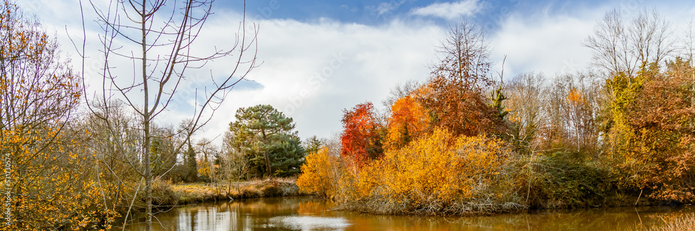 Autumnal landscape on a sunny day with a pond and colored trees in France