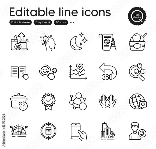 Set of Business outline icons. Contains icons as Hold smartphone, Skyscraper buildings and Chemistry lab elements. Certificate, Customer satisfaction, Integrity web signs. Moon. Vector