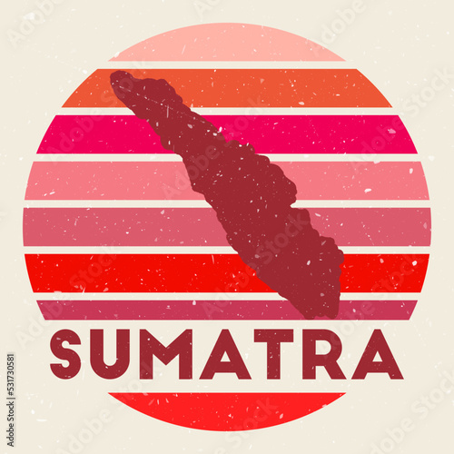 Sumatra logo. Sign with the map of island and colored stripes, vector illustration. Can be used as insignia, logotype, label, sticker or badge of the Sumatra.