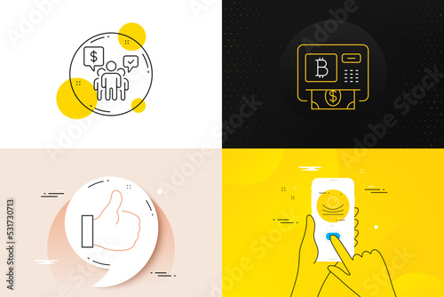 Minimal set of Elastic material, Bitcoin atm and Like line icons. Phone screen, Quote banners. Teamwork icons. For web development. Resilience, Cryptocurrency change, Thumbs up. Employees chat. Vector