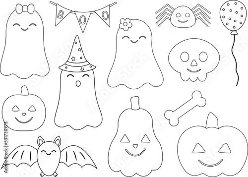 Cute ghosts pumpkin Halloween coloring vector illustration