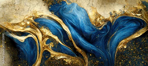 Panel kuchenny z motywem Spectacular high-quality abstract background of a whirlpool of dark blue and gold. Digital art 3D illustration. Mable with liquid texture like turbulent waves.