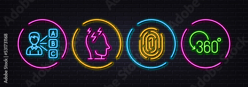 Opinion, Fingerprint and Stress minimal line icons. Neon laser 3d lights. Full rotation icons. For web, application, printing. Choose answer, Biometric scan, Mind anxiety. 360 degree. Vector