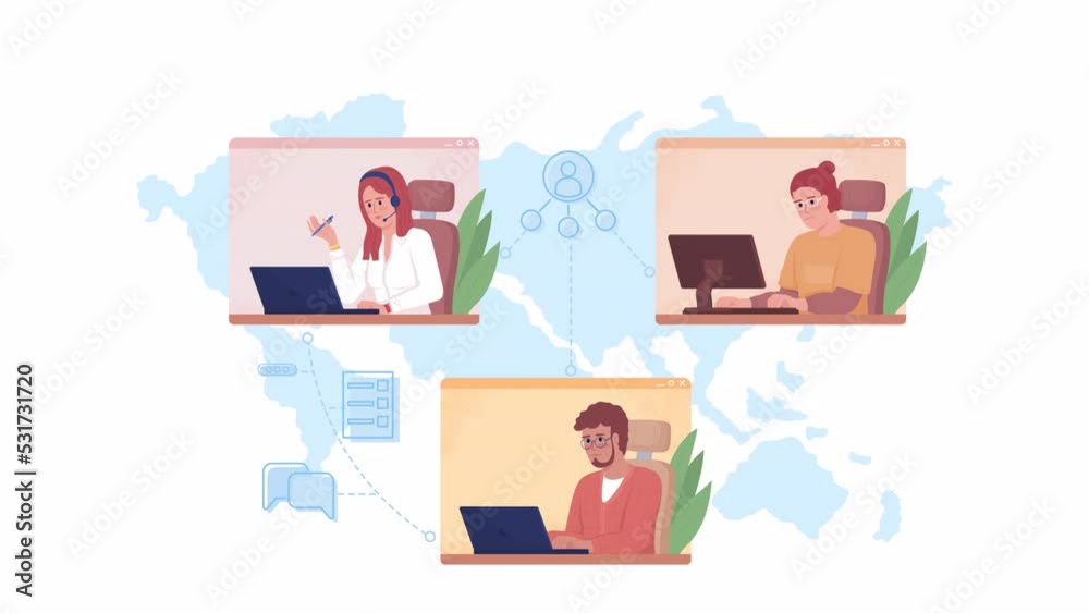 Animated isolated remote workforce. Looped flat 2D characters 4k video footage with alpha channel. Staying connected with international colleagues. Colorful illustration for mobile, website, animation