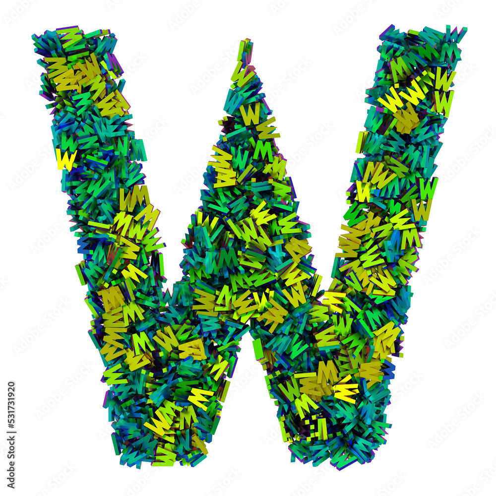 Letter W made of small iridescent letters z, 3d rendering