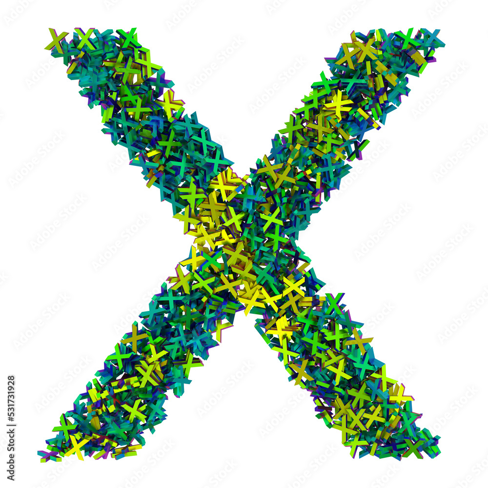 Letter X made of small iridescent letters z, 3d rendering Letter X made of small iridescent letters z, 3d rendering