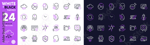 Chemistry lab, Unlock system and Technical info line icons for website, printing. Collection of Inspect, Blood donation, Online documentation icons. Stay home, Cloud computing. Vector