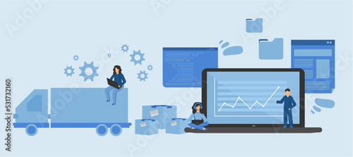 business automation, laptop  diagram, shipments, logistics, freight transport, digital and information technology, warehouse service, inventory control, digitalization, enterprise operation, startup