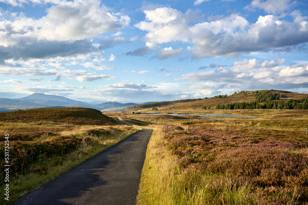 A road, rich fields, and trees may be seen in Scotland's Glen Quaich beneath a picturesque sky. A road, rich fields, and trees may be seen in Scotland's Glen Quaich beneath a picturesque sky.