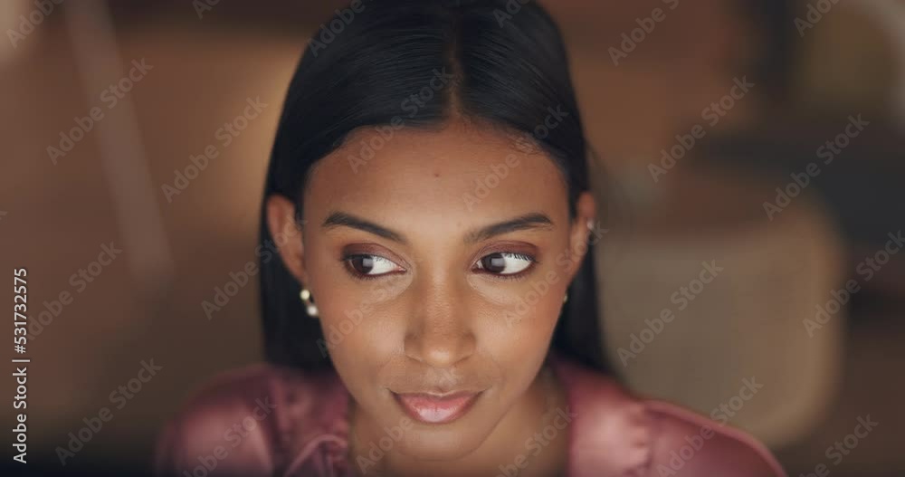 Business woman, computer or thinking in night office and planning strategy, digital marketing schedule or growth timeline. Indian employee, worker or entrepreneur reading data analytics on technology