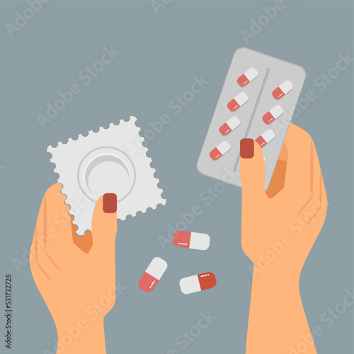 contraception, pills in hand, condom in hand, medical abortion, coitus interruptus, choice of contraceptive method, birth control pills, unwanted pregnancy, protection against genital infections