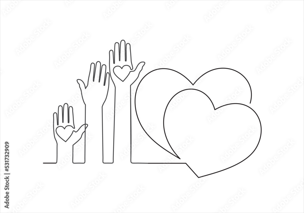 Fototapeta premium Hands and hearts. Raised hands volunteering concept continuous one line drawing minimalism design isolated on white background.