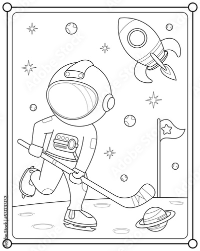 Cute astronaut playing hockey planet in space suitable for children's coloring page vector illustration
