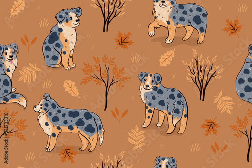 Seamless pattern with australian shepherds, autumn leaves and bushes. Vector graphics.
