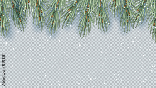 Christmas border isolated on checkered background. Christmas, New Year or winter border with realistic fir tree or pine branches. 3d vector illustration. photo