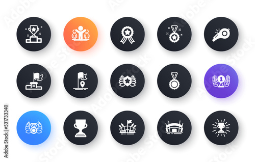 Minimal set of Award cup, Laureate award and Winner ribbon flat icons for web development. Laureate medal, Winner cup, Flag icons. Arena stadium, Arena, Whistle web elements. Medal, Trophy. Vector