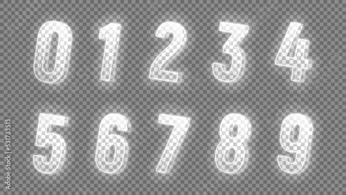 Set of neon bright numbers. Vector illustration with 3d neon glowing numbers isolated on checkered background.