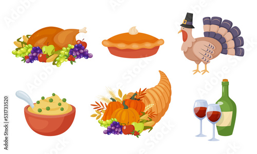 Set of colorful elements for Thanksgiving day design. Traditional Thanksgiving dinner. Cartoon style vector illustration