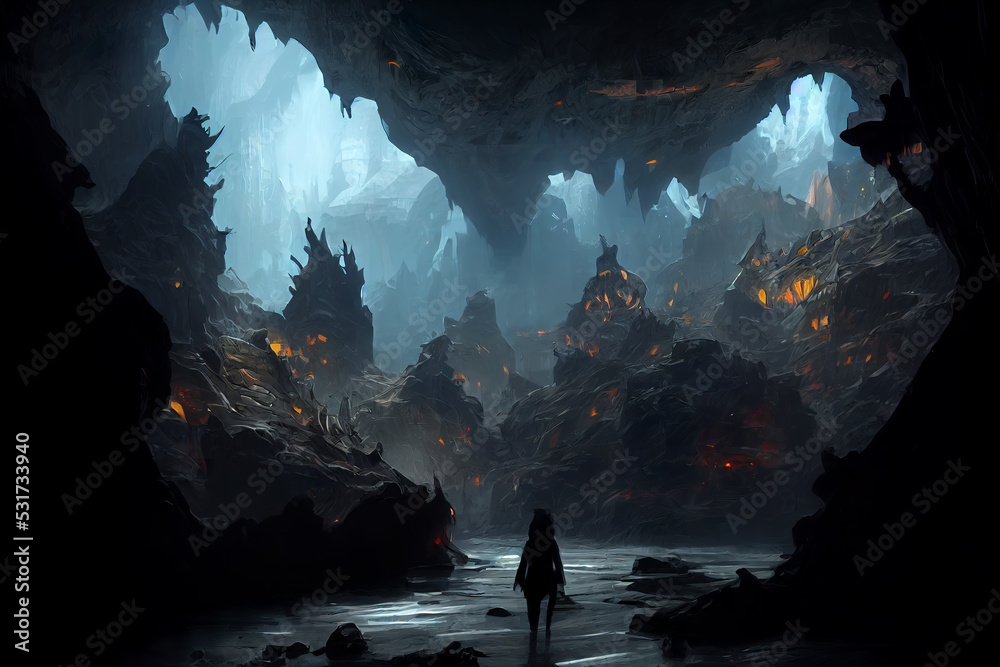 Dark amber caves concept art illustration, dungeons and dragons fantasy cave,  dark and spooky, mysterious, Cavern painting Stock Illustration | Adobe  Stock