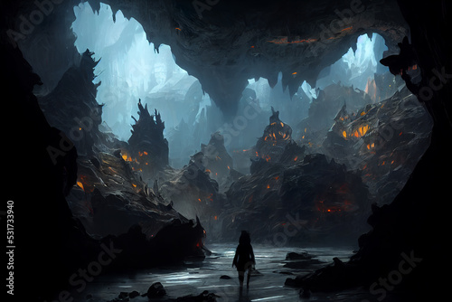 Papier peint Dark amber caves concept art illustration, dungeons and dragons fantasy cave, da