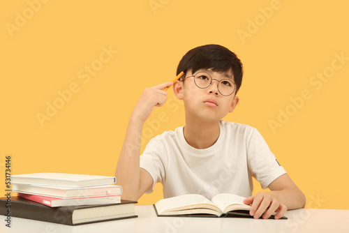 Smart and cute student who thinks carefully, concentrates and studies hard is learning at his desk.
 photo