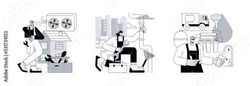 Home treatment system abstract concept vector illustration set. Ventilation and sewerage system, water filtering innovative solution, airing and cooling, house water treatment abstract metaphor.