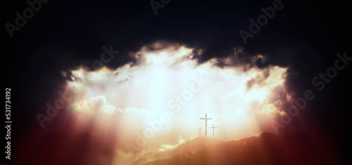 Light and ray of light shining through the sky and clouds on Golgotha Hill The background of the holy cross symbolizing the death and resurrection of Jesus   © artpluskr